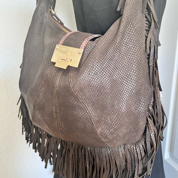 Jimmy Choo Snakeskin Suede Fringe Shoulder Bag - Picture 2 of 9